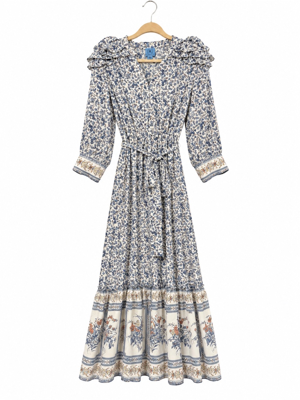 CeCe Blue Floral Border Print Ruffle Maxi Dress Tie Waist L